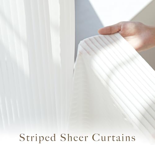 NICETOWN Non See Through Pure White Striped Sheer Curtains 96 inches