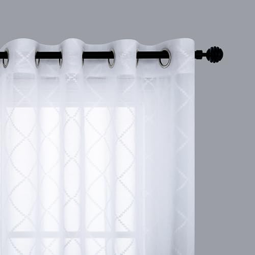KOUFALL White Sheer Curtains 96 Inches Long 2 Panel Set, Jacquard Lace