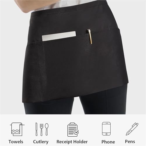12 Apron Waiter Apron Waist Apron 3 Pocket Black Waiter Apron Half
