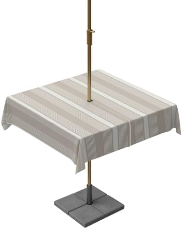 Square 60"x60" Patio Tablecloth with Umbrella Hole, Gray Brown Striped
