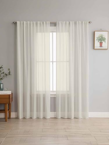 Cream Solid Color Sheer Curtains 108 Inch Length 2 Panels Set