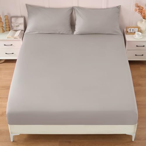 Homiest Beige Cotton Fitted Sheet & Pillowcase Set, Twin 400TC