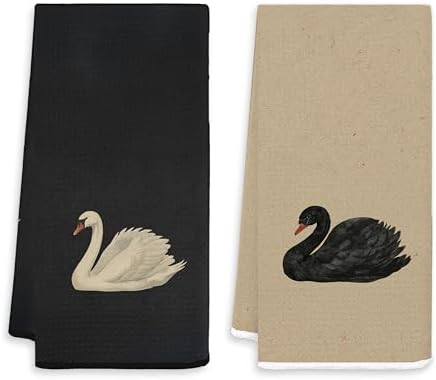 Vintage Black and White Swan Kitchen Towels, Neutral Black and Beige