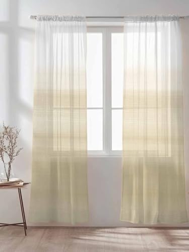 Beige and White Sheer Curtains 108 Inches Long 2 Panels Set Abstract