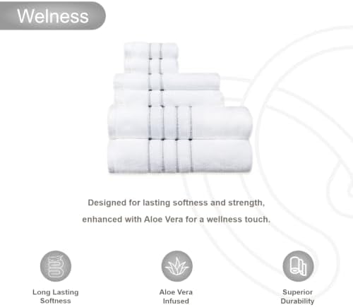 100% Cotton 550 GSM 6 Piece Towel Set: White (Gray Stripes)