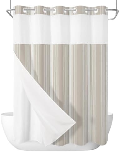 No Hook Gray Brown Striped Shower Curtain with Snap in Liner Set