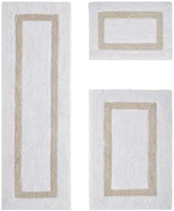 TRP Tufted Cotton White Sand Bathroom Rugs Sets 3 Piece