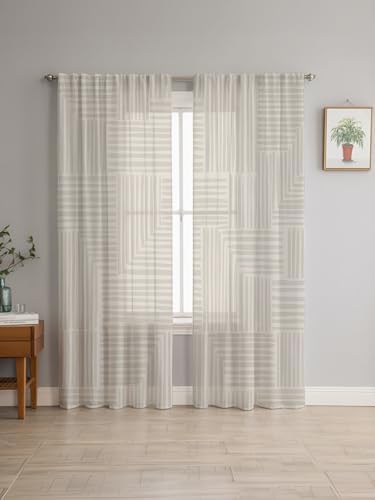 Modern Art Sheer Curtains 108 Inches Long, Minimalist Beige Clean