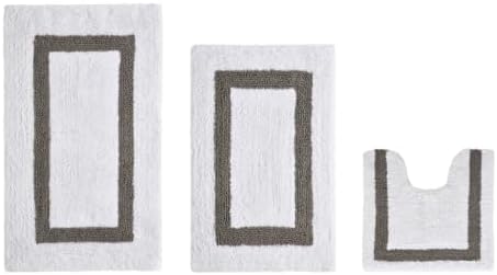 TRP Tufted Cotton White Gray Bathroom Rugs Sets 3 Piece