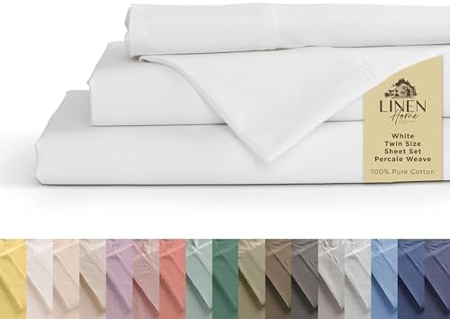 Linen Home Twin Sheets 100% Cotton Percale, 3 Pc Cooling Set - White