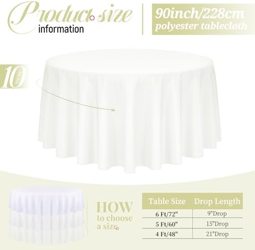Pesonlook 10 Pack Ivory Round Tablecloths 90 Inch, Polyester Round