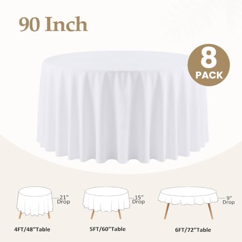 90 Inch White Round Tablecloth for 36"-72" Table, 8 Pack