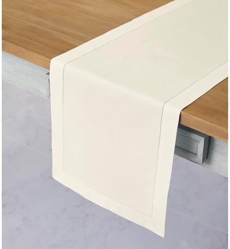 Solino Home Cotton Linen Dining Table Runner Ivory Hemstitch