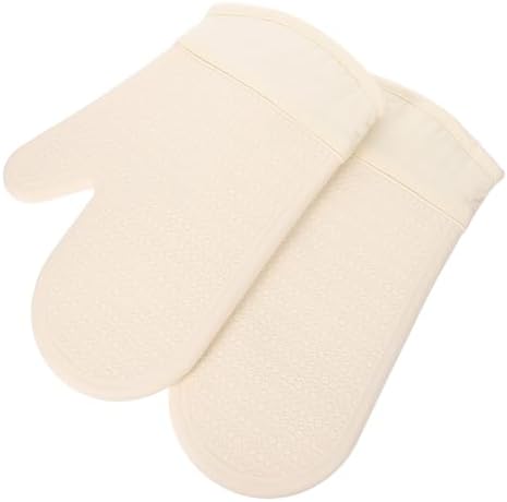 Beige Cotton Silicone Oven Mitts for Baking Cooking Heat Protection