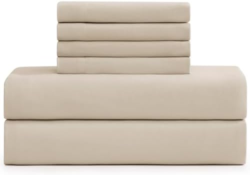 ELLE Decor Queen Garment Washed Microfiber Sheet Set, 6-Piece, Taupe