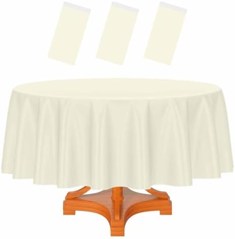 HEIPINIUYE 3 Pack Beige Round Tablecloth 84 Inch Round Plastic Table