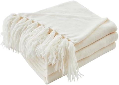 CozeCube Chenille Throw Blanket, Cream White Fringe Blanket, 50"X60"