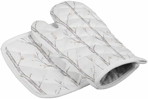 Quilted Cotton Terry Cloth Oven Mitt, Pot Holder Hand Drawn Retro Tree
