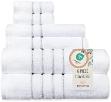 100% Cotton 550 GSM 6 Piece Towel Set: White (Gray Stripes)