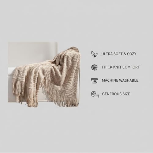 Chenille Throw Blanket Soft Cozy Lightweight Cream Knitted Blanket for