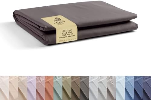 Linen Home King Size Flat Sheet Only 100% Cotton Percale, Charcoal