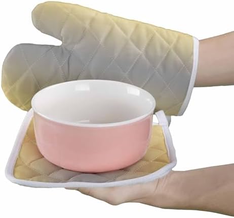 Quilted Cotton Terry Cloth Oven Mitt, Pot Holder Lemon Yellow Grey