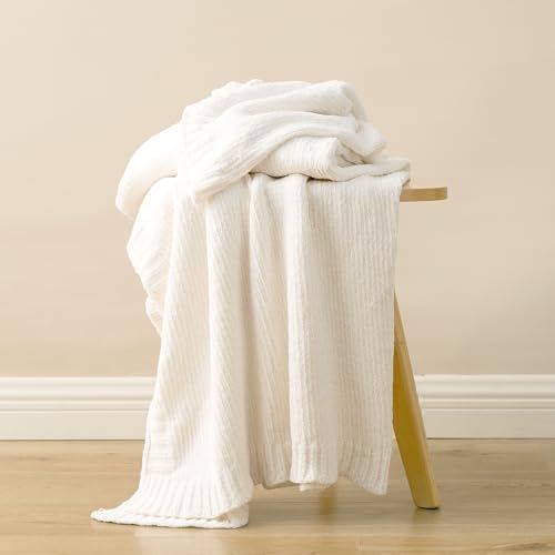 Chenille Throw Blanket for Couch, Knit Throw Blanket 51"x67", Ivory