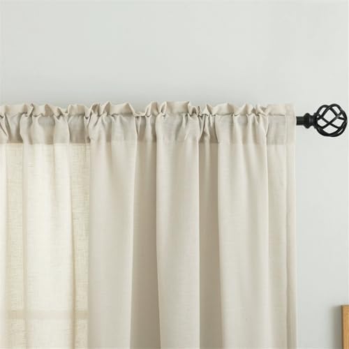 Beige Semi Sheer Linen Curtains 63 inch Long, Light Filtering Window