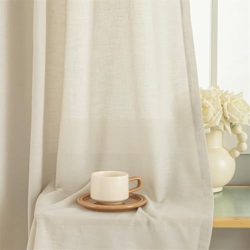 Beige Semi Sheer Linen Curtains 63 inch Long, Light Filtering Window