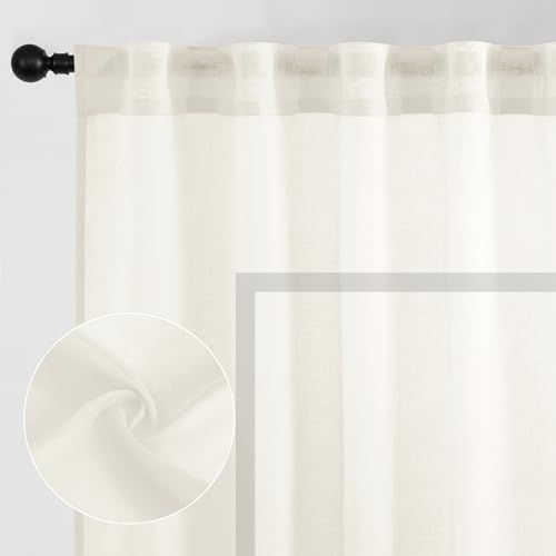 DWCN Ivory Faux Linen Sheer Curtains, 2 Panels, 52x63 Inch