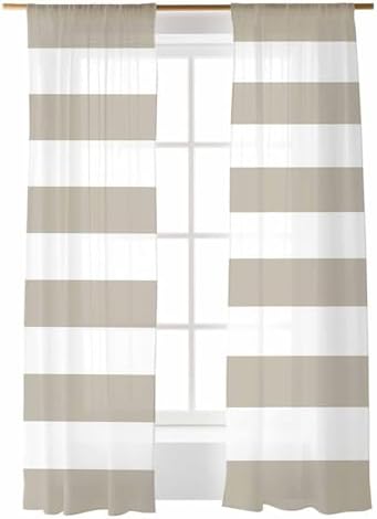 Sheer Curtains 108 inches Long 2 Panels Set Beige and White Stripe