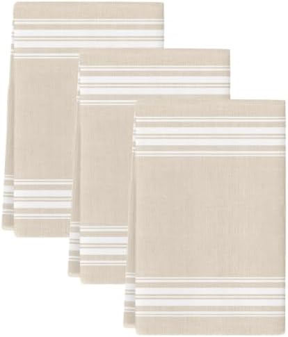 Cream Striped Kitchen Towels Set of 3, Absorbent Dish Towels for