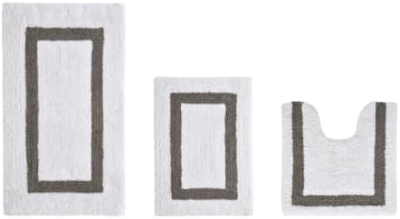 TRP Tufted Cotton White Gray Bathroom Rugs Sets 3 Piece