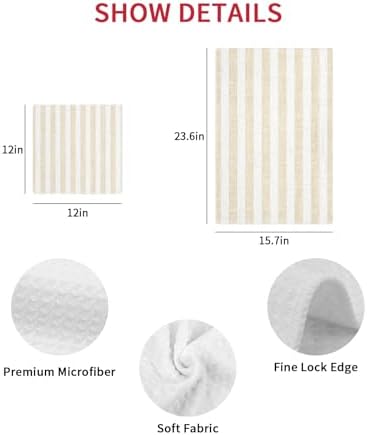 Beige Striped Dish Towels Set, Waffle Weave Kitchen Towels 3 Pieces