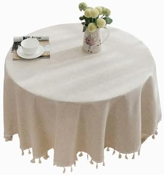 Round Fringed Tablecloth, Beige Linen-Look PVC - Waterproof Oilproof