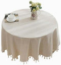 Round Fringed Tablecloth, Beige Linen-Look PVC - Waterproof Oilproof