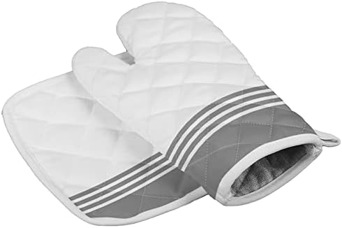 Quilted Cotton Terry Cloth Oven Mitt, Pot Holder Grey White Stripes