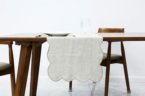 100% Natural Linen Rustic Scalloped Embroidery Table Runner 90 Inches