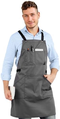 Under NY Sky Work Apron, Cross-Back, Leather Support, Pro Twill, Gray