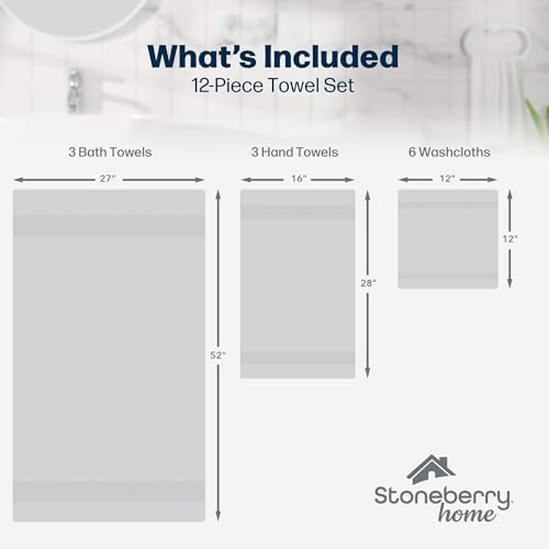 Stoneberry Home 12-Piece Set of Towels, Lightweight 380 GSM Cotton
