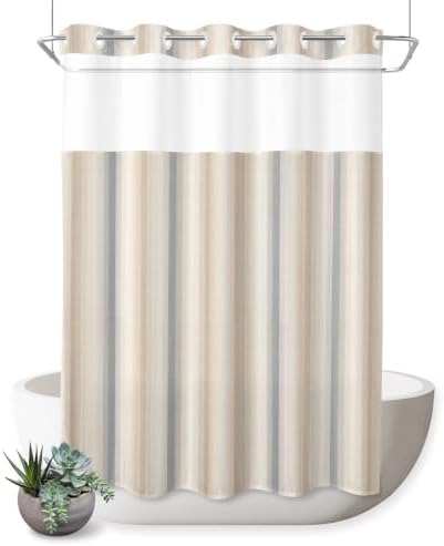 Extra Long No Hook Shower Curtain Bathroom Decor Brown Gray Striped