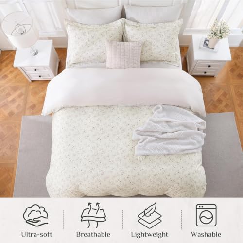 JOLLYVOGUE Floral Duvet Cover Queen, 3Pcs Reversible Beige Duvet Cover