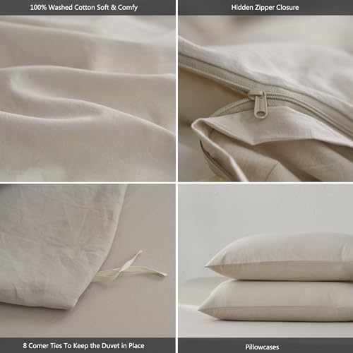 MooMee Upgraded Softer Duvet Cover Set 100% Washed Cotton Twill Queen