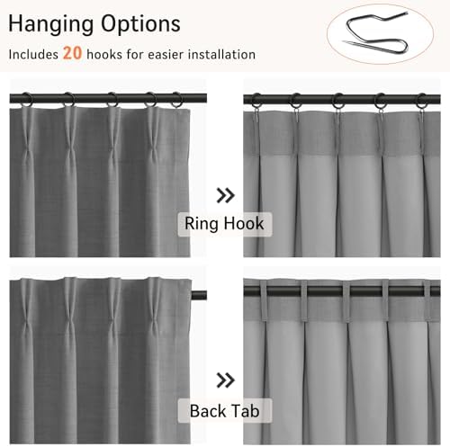 Dark Grey Total Blackout Linen Pinch Pleated Curtains 84 Inches Long