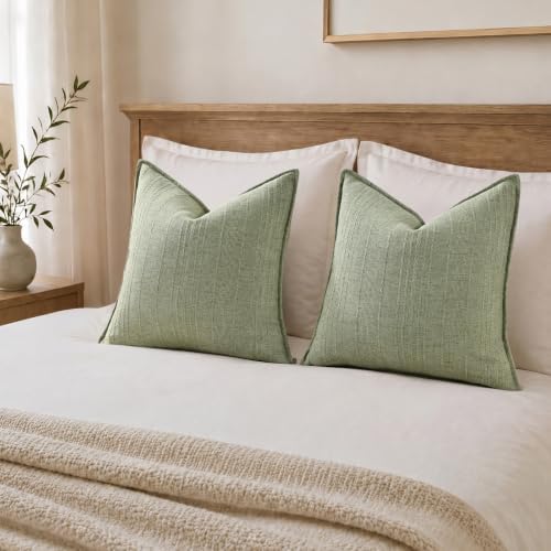 decorUhome Sage Green Textured Linen Throw Pillow Covers 20x20 Set of
