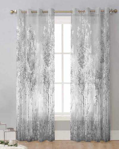 Grey Tree Sheer Curtains 63 Inch Length Grommet Semi Sheer Drapes for