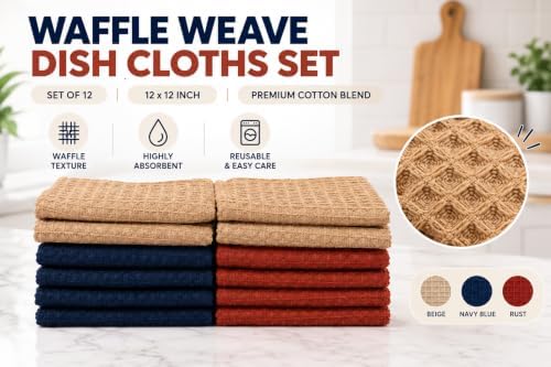 Waffle Weave Dish Cloths Set of 12, Beige Navy Rust, Cotton Blend
