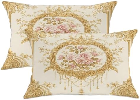 Elegant Floral Throw Pillow Covers Set of 2, Cream Gold Vintage Rose
