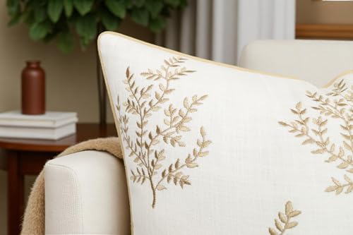 VAGMINE Embroidered Fern Leaf 18x18 Throw Pillow Cover, Ivory
