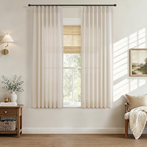 Hokibero Cream Pinch Pleated Linen Curtains 63 Inch Long for Living